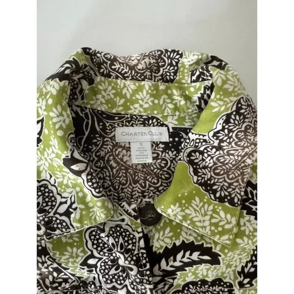 Charter Club Floral Paisley Button Down Shirt Jacket Green Brown Women’s Size S - Picture 2 of 4
